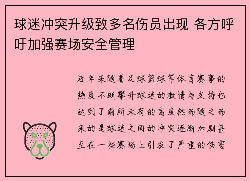 球迷冲突升级致多名伤员出现 各方呼吁加强赛场安全管理