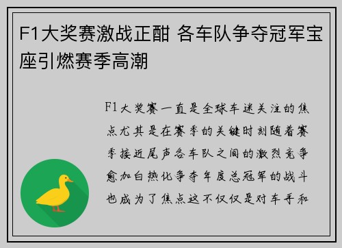 F1大奖赛激战正酣 各车队争夺冠军宝座引燃赛季高潮